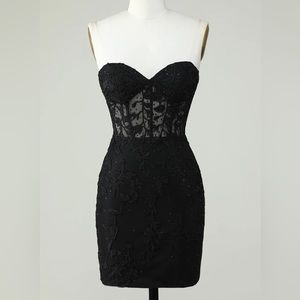 sherri hill strapless black lace up dress